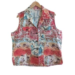 Vintage Units Boho Colorful Floral Mixed Patterned Denim Vest. Size XL